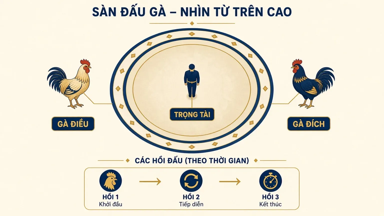 Sơ đồ thuật ngữ xem đá gà trực tiếp: vòng đá, gà điều, gà đích, trọng tài và các hồi