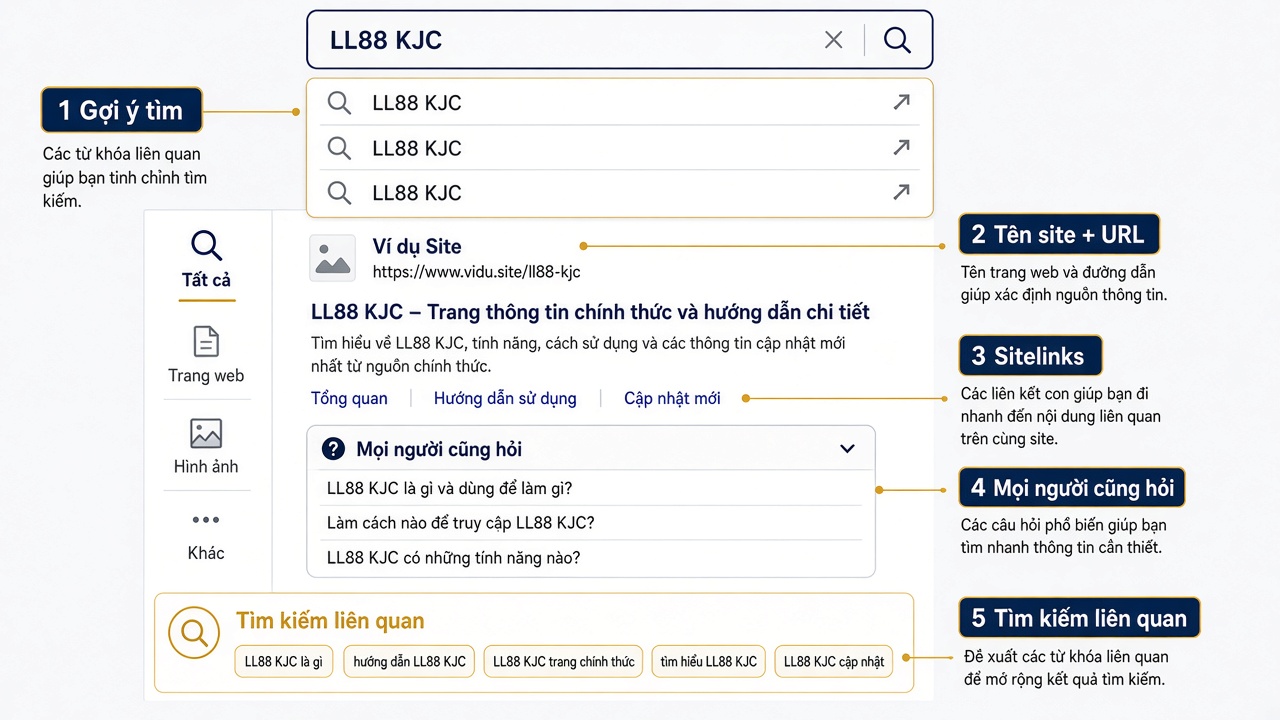 Cấu tr&uacute;c trang kết quả khi t&igrave;m LL88 KJC tr&ecirc;n Google: gợi &yacute; t&igrave;m, t&ecirc;n site v&agrave; URL, sitelinks, Mọi người cũng hỏi, t&igrave;m kiếm li&ecirc;n quan