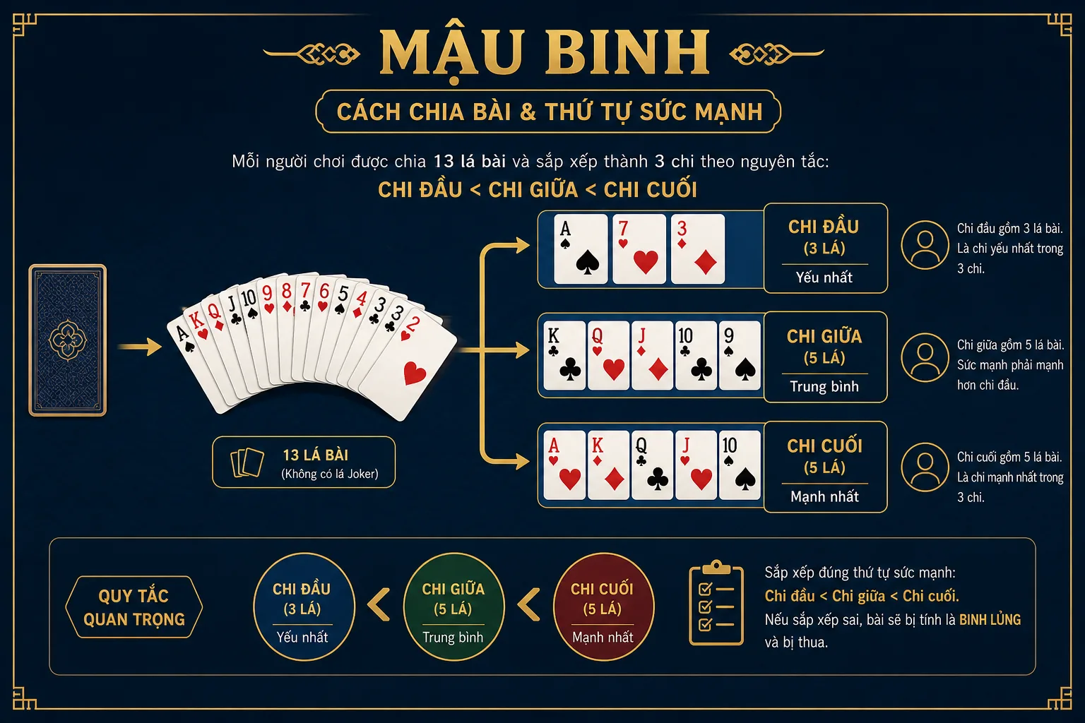 Sơ đồ xếp chi Mậu binh: chi đầu 3 lá yếu nhất, chi giữa và chi cuối mỗi chi 5 lá tăng dần sức mạnh