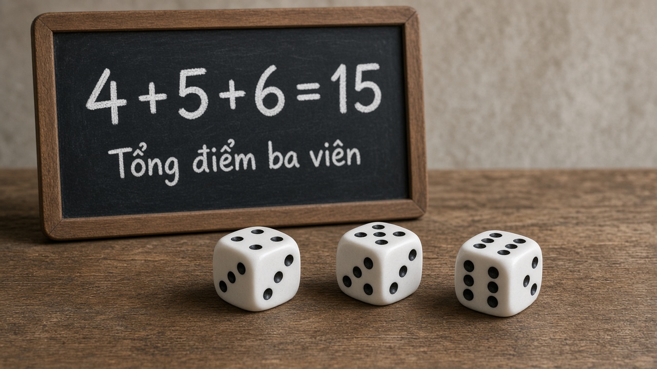 Minh họa luật Sicbo xóc đĩa: ba viên xúc xắc 4, 5, 6 và tổng điểm 15